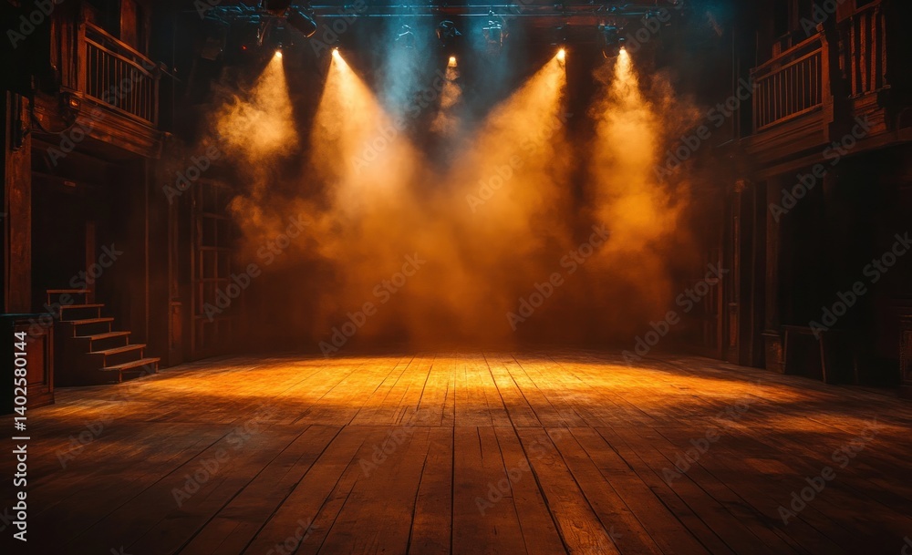 Obraz premium Spotlights Create Mysterious Atmosphere on Empty Theatrical Stage with Wooden Flooring and Dark Background