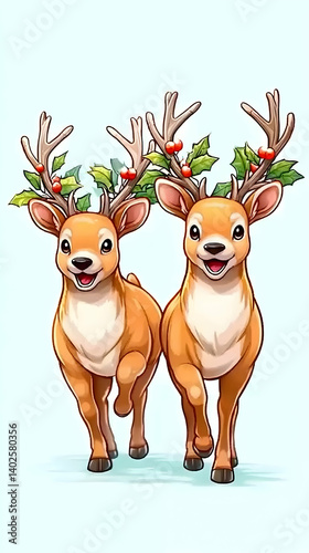 Two cheerful reindeer with holly-adorned antlers, walking together photo