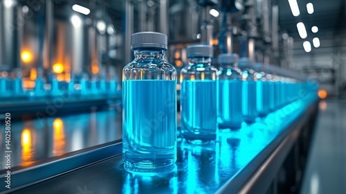 Bottles of Blue Liquid on Production Line in Modern Industrial Factory Setting with Advanced Machinery and Bright Lighting