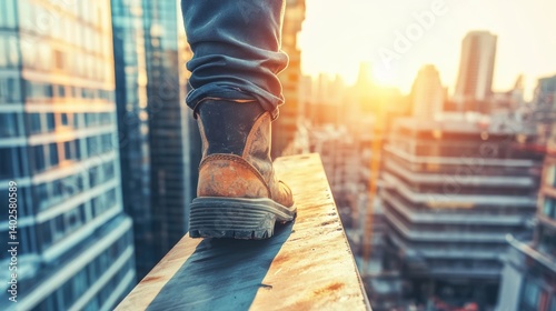 Fototapeta Naklejka Na Ścianę i Meble -  Construction worker boot on steel beam with urban background showcasing determination and sunlight construction site high rise city landscape 