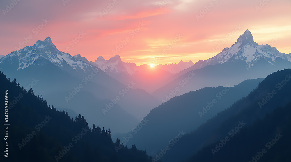 Obraz premium Tranquil Dawn Over Majestic Snowy Mountains and Verdant Forests, Bathed in Soft Morning Light and Mist