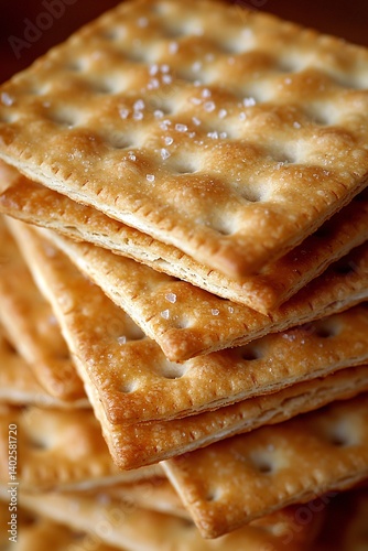 Obraz na płótnie Golden Crisp Crackers Stacked Neatly with Light Salt for a Delicious Snack Experience w salonie