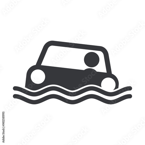 Isolated caution a car submerged in water, symbolizing flooded street and a flood road or emergency situation.