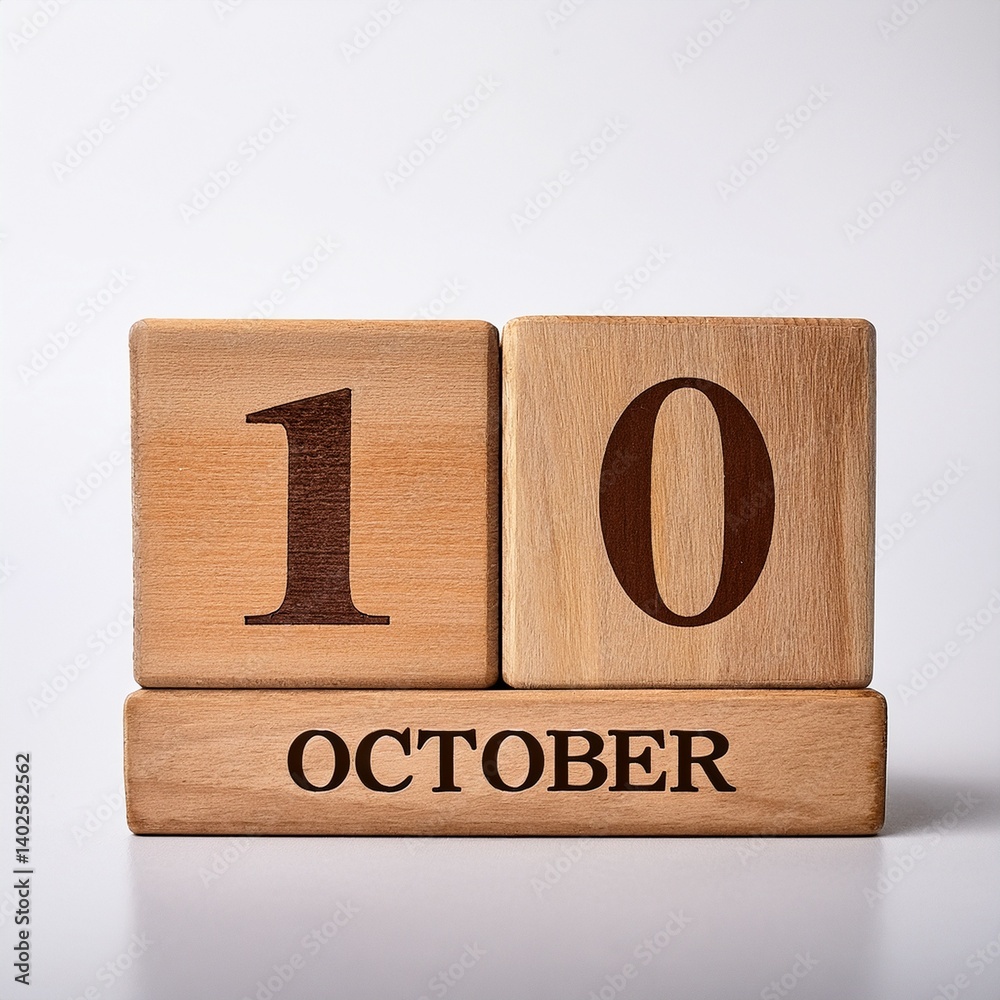 Minimalist photo of wooden blocks with date 10 October. Day and month, calendar on white background Minimalist photo of wooden blocks with date 10 October. Day and month, calendar on white background