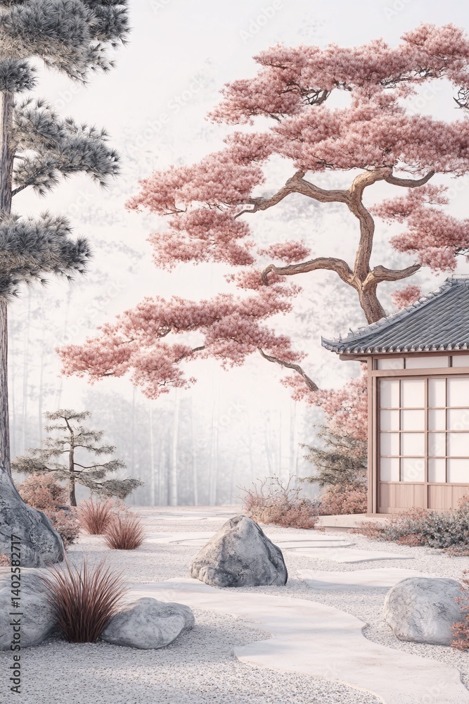 Serene Japanese Garden with Cherry Blossom Trees, Tranquil Landscape, and Traditional Architecture in Soft Pastel Tones