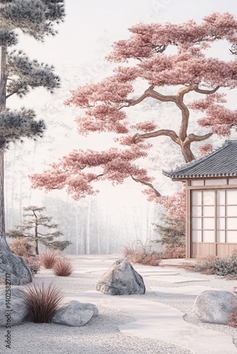 Serene Japanese Garden with Cherry Blossom Trees, Tranquil Landscape, and Traditional Architecture in Soft Pastel Tones