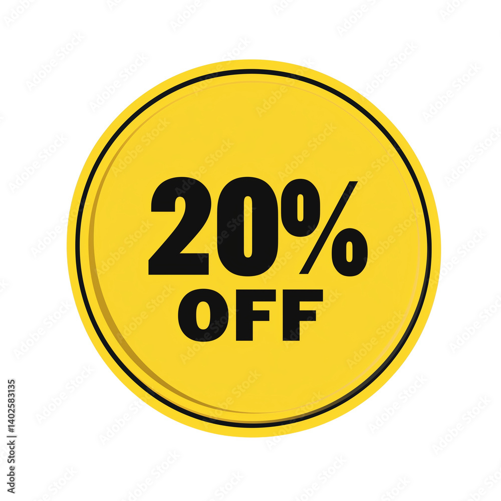 Yellow discount badge with 20% off text isolated on transparent background Yellow discount badge with 20% off text isolated on transparent background