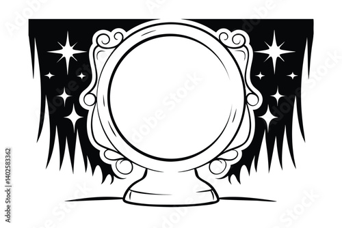 Mystical Crystal Ball With Ornate Frame And Sparkling Stars In Black And White Graphic Style