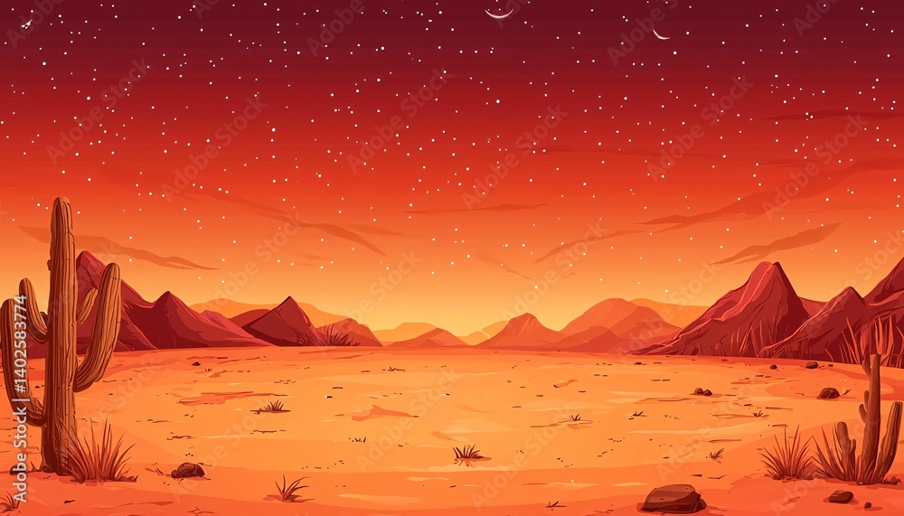 Vivid Desert Landscape at Dusk with Stars and Cacti Under a Colorful Sky