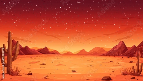 Vivid Desert Landscape at Dusk with Stars and Cacti Under a Colorful Sky