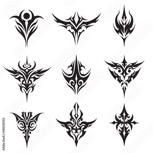 black and white floral elements Sacred Maori tattoo set with stylized beasts and tribal winged patterns
