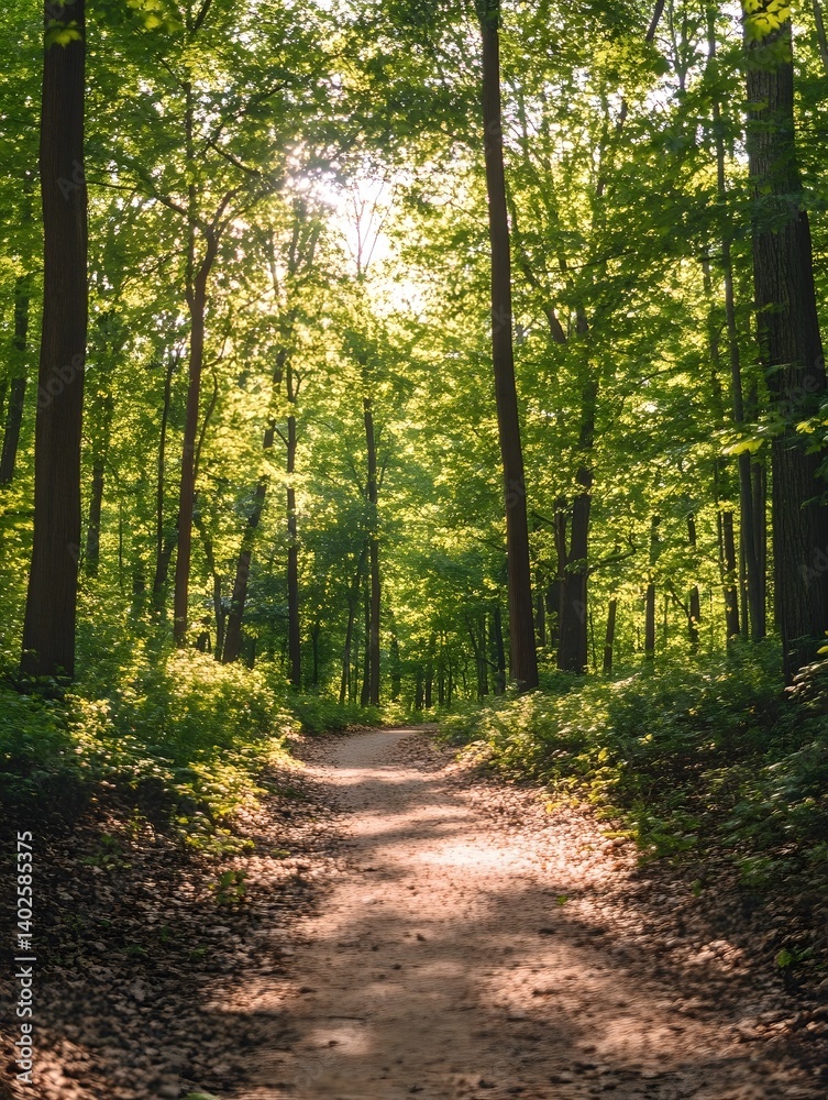 Fototapeta premium Peaceful Forest Path with Sunlit Trees and Greenery - Explore the Tranquil Wilderness and Scenic Nature Trail
