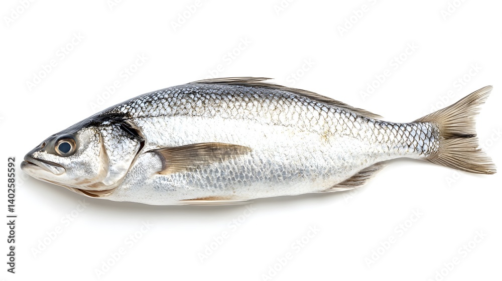Freshly caught sea bass showcases shimmering scales and vibrant colors on a clean white background Freshly caught sea bass showcases shimmering scales and vibrant colors on a clean white background