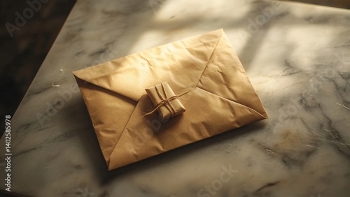 Wrapped Brown Envelope with Twine and Small Parcel on Surface
