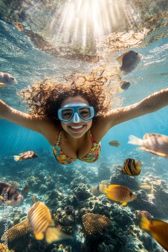 Scenic coastal vacation. Wildlife photography snorkeling. Woman swimming in warm water. Coastal marine reserve visit. Snorkeling gear and adventure. Snorkeling tour in lagoon. Relaxation in.
