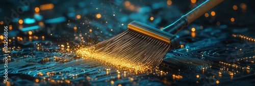 Modern cleaning: broom sweeping glowing data particles off circuit board futuristic technology