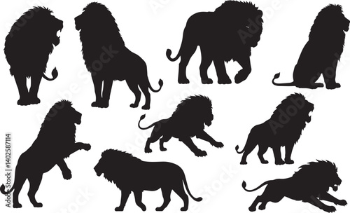 Black Lion Silhouette Collection in Dynamic Poses for Art, Design and Wildlife Projects