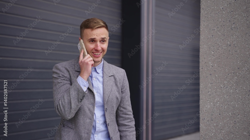 Successful businessman talking on the smartphone, standing outdoors. Slow motion Successful businessman talking on the smartphone, standing outdoors. Slow motion