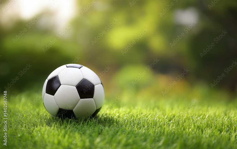 Fototapeta premium Soccer ball on a green grass background, with a blurred background