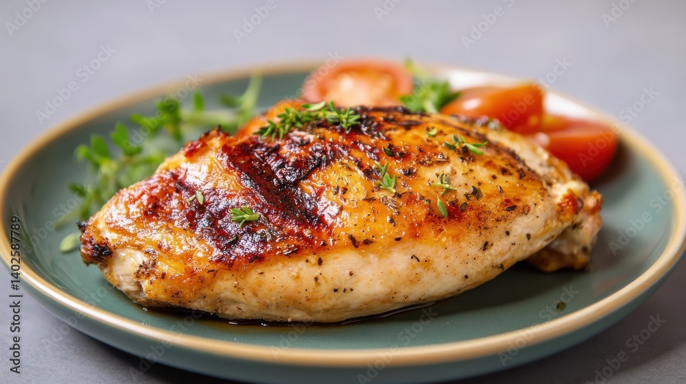 A perfectly grilled chicken breast sits in a frying pan, showcasing its golden-brown sear. The dish looks appetizing and ready to be served. A perfectly grilled chicken breast sits in a frying pan, showcasing its golden-brown sear. The dish looks appetizing and ready to be served.