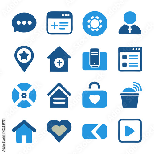 Collection of web and app interface blue icons