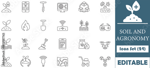 Modern, minimal agronomy icon set featuring smart farming tools, soil sensors, drones, and data analytics—ideal for agricultural apps, infographics, and UX,UI projects.