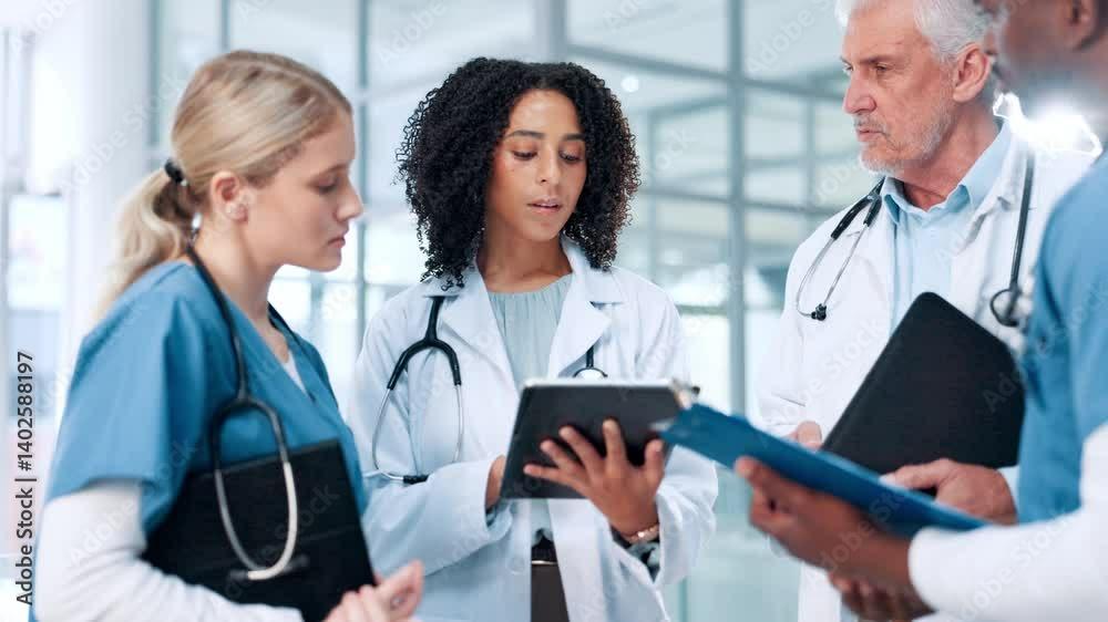 Healthcare, planning and doctors in group with tablet for talking, virus treatment results or clinic. Clipboard, teamwork and people in discussion for medical advice, schedule and hospital research Healthcare, planning and doctors in group with tablet for talking, virus treatment results or clinic. Clipboard, teamwork and people in discussion for medical advice, schedule and hospital research