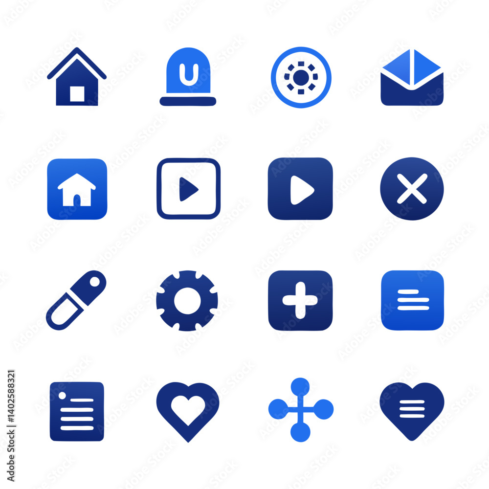 Blue Interface Icons Set: Home, Media, Settings, More Blue Interface Icons Set: Home, Media, Settings, More