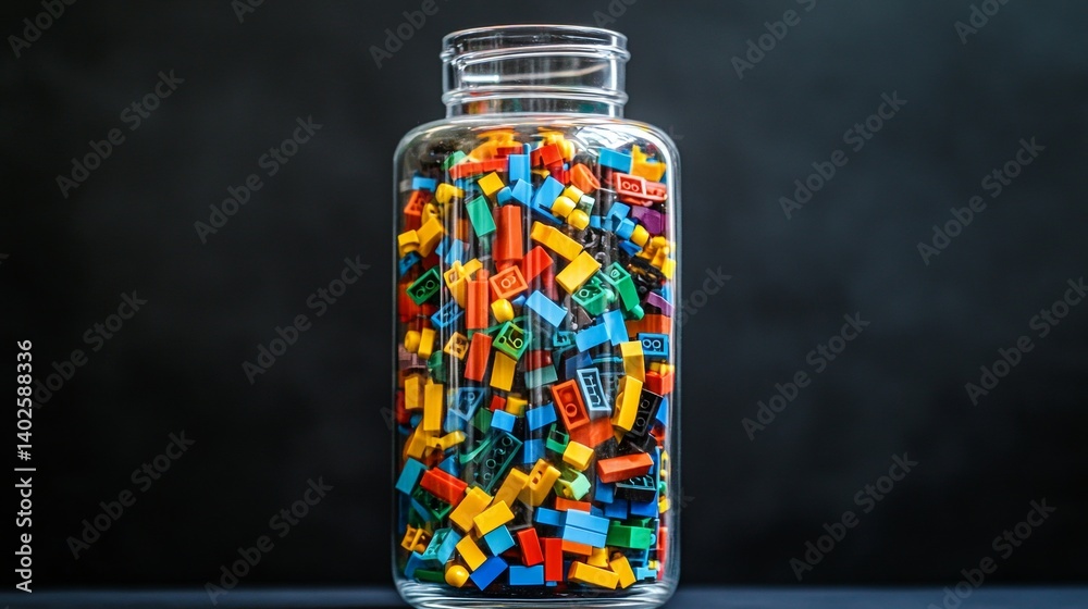 Colorful bricks in a glass jar creative concept assorted plastic blocks educational toys construction play and vibrant colors against a dark background