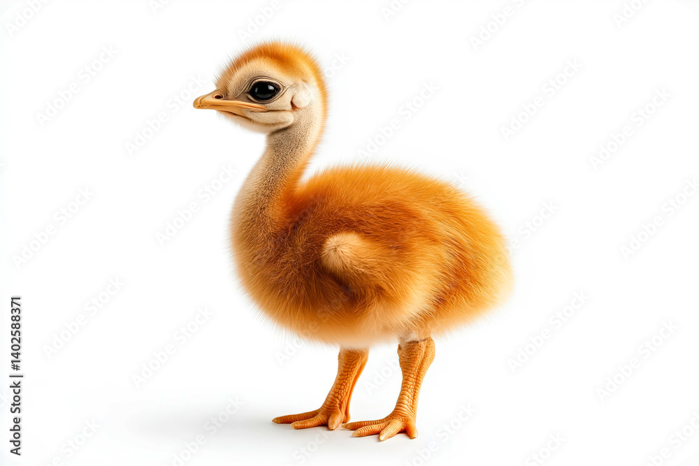 A cute baby ostrich standing upright against a clean white background A cute baby ostrich standing upright against a clean white background