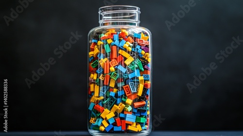 Obraz na płótnie Colorful bricks in a glass jar creative concept assorted plastic blocks educational toys construction play and vibrant colors against a dark background w salonie