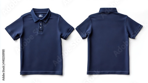 Navy blue polo shirt isolated front and back views on white