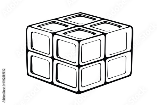 Black And White Puzzle Cube Illustration Square Pattern Hand Drawn Style Isolated On White Background Game Vector