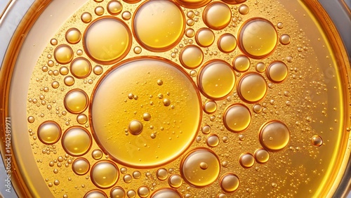 Golden oil and water bubbles close-up in circular pattern showing fluid texture and surface tension under macro lens abstract background