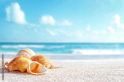 Fototapeta Naklejka Na Ścianę i Meble -  Summer shell on beach and free space