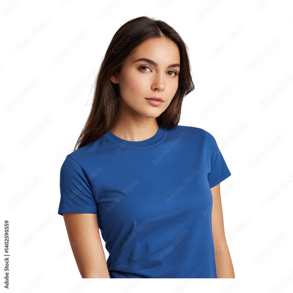 Female model wearing plain blue t-shirt, front view Female model wearing plain blue t-shirt, front view