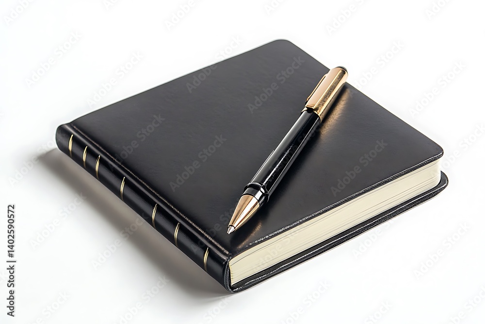 Black Notebook with Golden Pen on White Background, Business Writing & Office Stationary Black Notebook with Golden Pen on White Background, Business Writing & Office Stationary