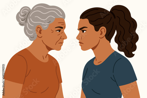 Generational Conflict: Tense Confrontation Between Mature Woman and Young Adult Female, Diverse Ethnic Background, Minimalist Vector Illustration for Family Dynamics