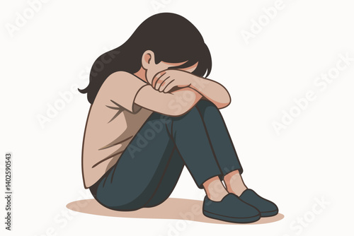Emotional Vector Illustration of Young Woman in Depression, Sad Girl Sitting Alone Hugging Knees, Mental Health Awareness Concept, Anxiety and Loneliness Representation in Minimalist Style