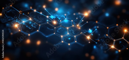 Futuristic Network Art with Hexagons and World Map