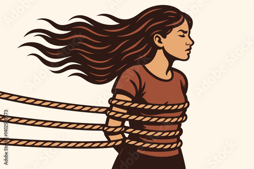 Powerful Vector Illustration of Woman Bound by Rope Symbolizing Social Constraints, Gender Inequality and Emotional Struggle with Flowing Hair Representing Freedom and Resilience in Minimalist Style