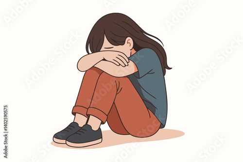 Minimalist Vector Illustration of Sad Lonely Girl Sitting Hugging Knees in Casual Clothing, Emotional Mental Health Concept, Depression and Anxiety Representation for Psychology and Wellness Themes