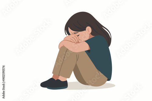 Emotional Vector Illustration of Sad Lonely Teenager Girl Sitting Alone with Knees Pulled to Chest, Minimalist Depression and Anxiety Concept for Mental Health Awareness, Youth Psychology Graphic