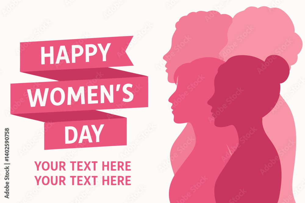 Empowering Women's Day Celebration Vector: Pink Silhouettes of Diverse Women with Ribbon Banner for International Women's Day, Feminism, and Gender Equality Events Empowering Women's Day Celebration Vector: Pink Silhouettes of Diverse Women with Ribbon Banner for International Women's Day, Feminism, and Gender Equality Events