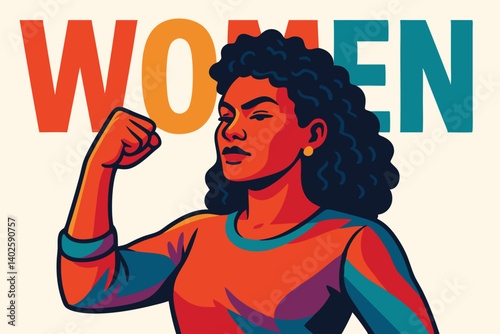 Powerful Female Empowerment Vector Illustration with Raised Fist, Modern Stylized Woman Portrait in Bold Colors, Feminist Movement Art, Contemporary Social Justice Design for Women's Rights Campaign