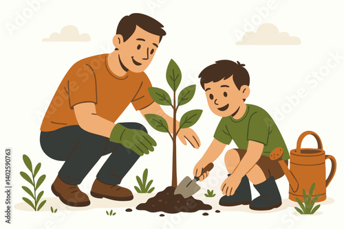 Father and Son Planting Tree Together in Garden, Family Environmental Education Illustration, Sustainable Parenting, Eco-Friendly Childhood Activities, Nature Conservation Bonding Moment Vector Art