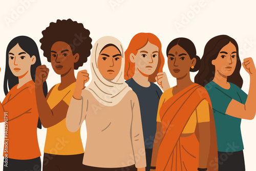 Diverse Women Standing United with Raised Fists Illustration, Multicultural Female Empowerment Vector Art, International Women's Day Solidarity Graphic, Gender Equality Movement Representation