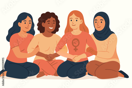 Empowered Women Supporting Each Other, Diverse Female Solidarity Community Group Vector Illustration, Teamwork and Unity Concept for Social Movement, Feminism Graphic Design Element