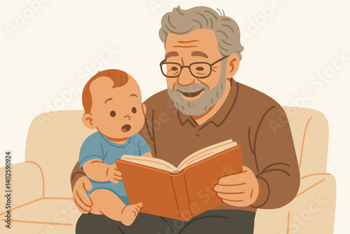 Heartwarming Grandfather Reading Story to Curious Baby Illustration, Family Bonding Moment, Intergenerational Connection, Cozy Home Setting, Storytelling Time, Childhood Development Vector Art