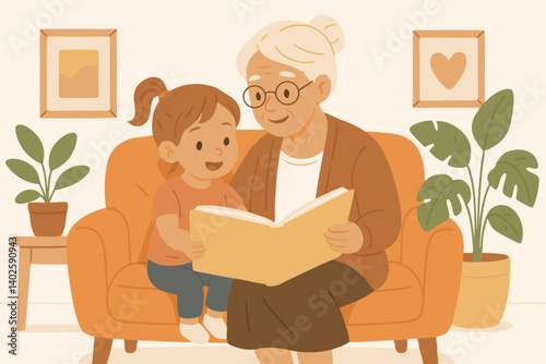 Warm Cozy Illustration of Grandmother Reading Book with Granddaughter on Orange Sofa, Family Bonding Time, Storytelling Moment in Minimalist Home Interior with Plants and Wall Art